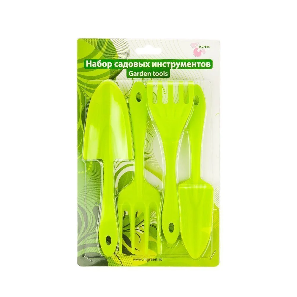 DELTA Набор садовых инструментов (лопатка, совок для пересадки, грабельки, вилка для рыхления) салатовый
