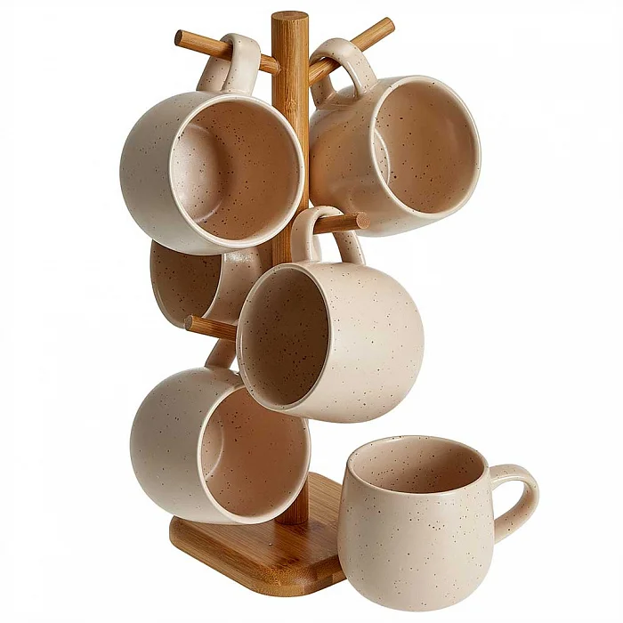 ROSARIO Набор кружек 6 предметов (420 мл) на деревянной подставке Ф19-106K/6 розовый