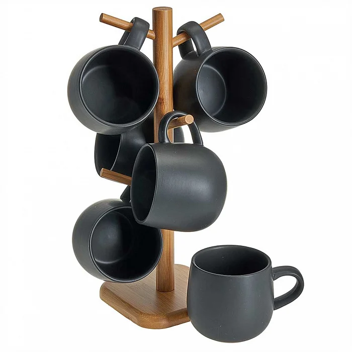 ROSARIO Набор кружек 6 предметов (420 мл) на деревянной подставке Ф19-108K/6 черный