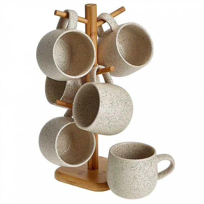 ROSARIO Набор кружек 6 предметов (420 мл) на деревянной подставке Ф19-109K/6 бежевый