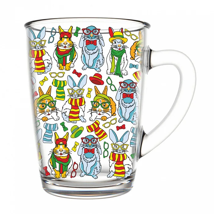 ДЕКОСТЕК Кружка для чая 300 мл (Зайцы хипстеры) круговая деколь 334-Д