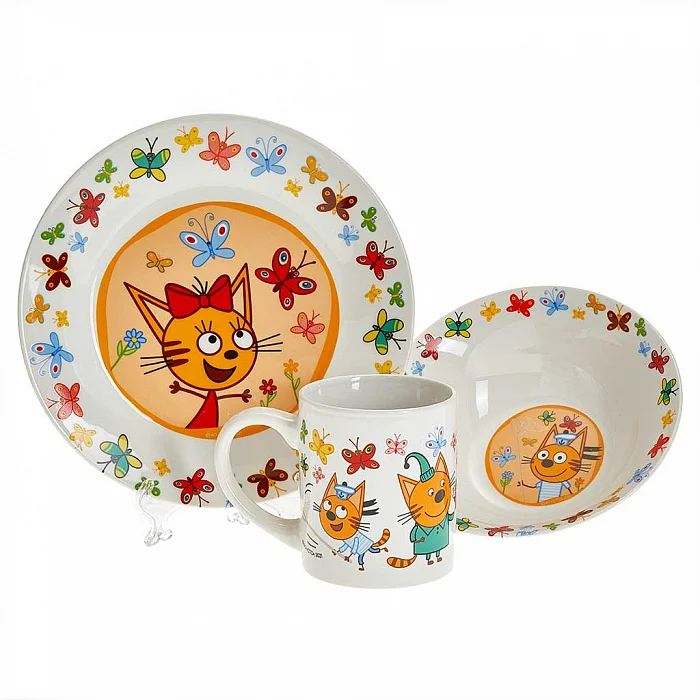 DELTA Набор посуды 3 предмета детский КРС-1781 Три кота. Бабочки (фарфор)
