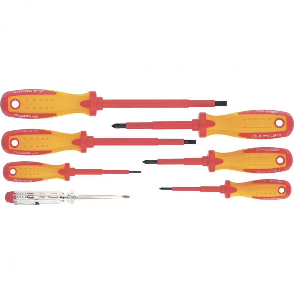 MATRIX Набор диэлектрических отверток 7 шт, до 1000 В, пробник электрический до 250 В, двухкомпонентные рукоятки 13355