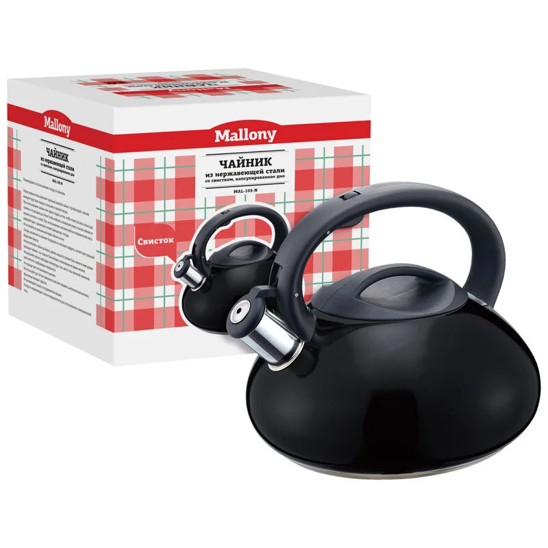 MALLONY Чайник из нерж. стали MAL-105-N, 3 литра,капсулир. дно, черный, со свистком, цельнометаллический, 910095-SK