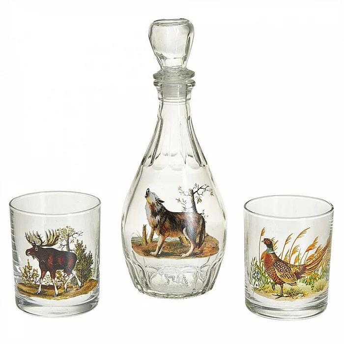 ДЕКОСТЕК Подарочный набор 3 предмета (графин Дионис + 2 стакана 250 мл) Трофейная охота 1331-Д34