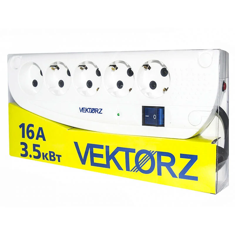 Фильтр сетевой VEKTOR Z, 4 роз. c/з, + 1 роз б/з, 3,0м (3,5кВт, 16А), белый. 003629-SK