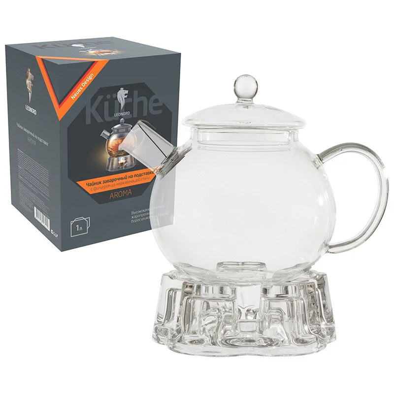 MALLONY Чайник заварочный на подставке AROMA, объем:1000 мл (боросиликатное стекло, фильтр из нерж.стали). 008245-SK