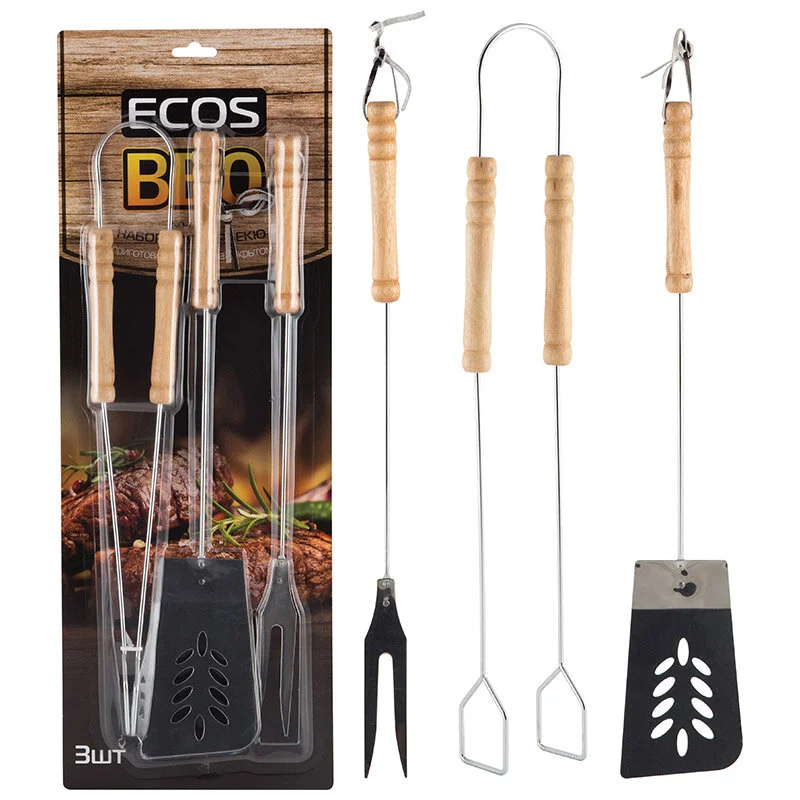 Mallony Набор для барбекю ECOS ND-1095D ( щипцы 39 см, вилка 39 см, лопатка 39 см, нерж. сталь, дерево). 999625-SK