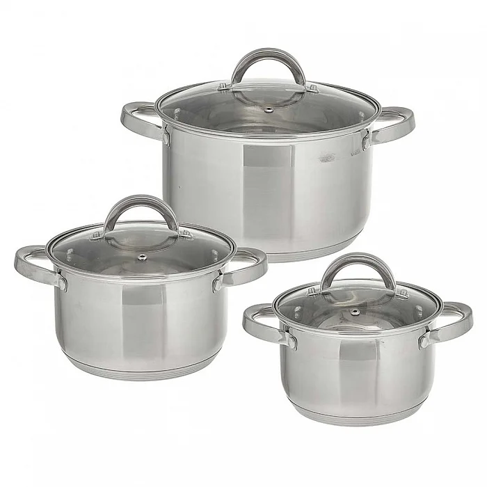 WEBBER Набор посуды 6 предметов: 3 кастрюли (2,2 л, 3 л, 5,2 л) из нержавеющей стали со стеклянными крышками BE-628/6