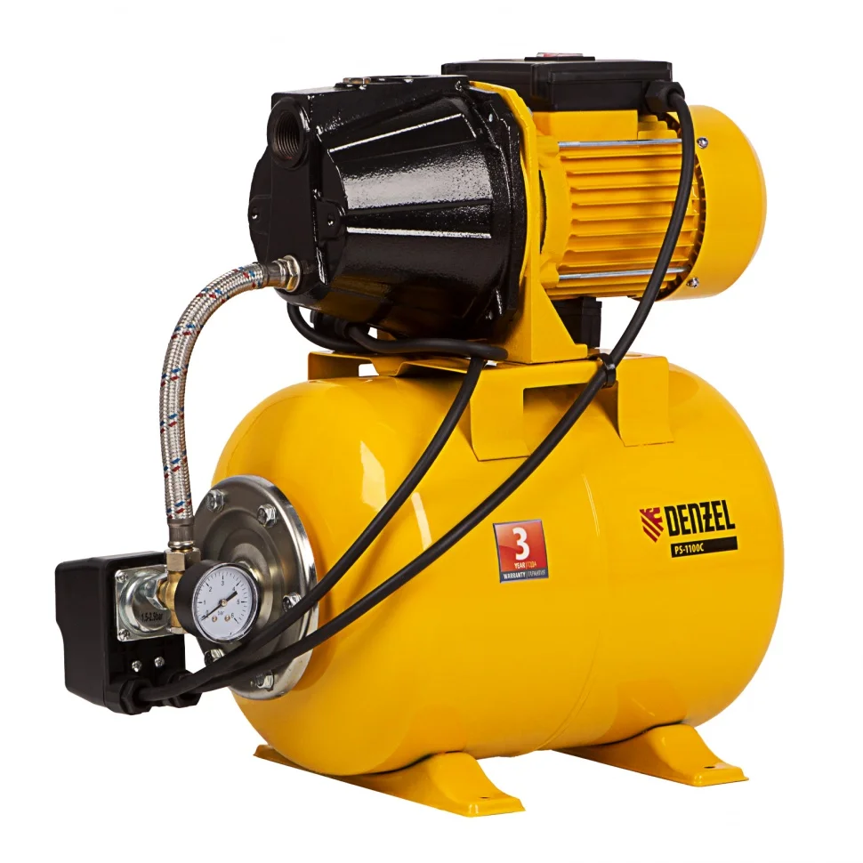 Denzel Насосная станция PS1100С, 1100 Вт, 4500 л/ч, ресивер 24 л, подъем 46 м, чугун 97215