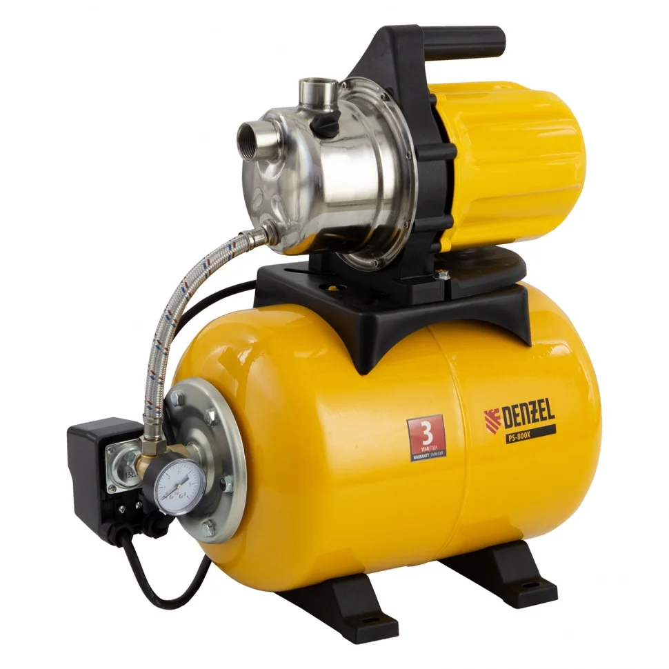 Denzel Насосная станция PS800X, 800 Вт, 3200 л/ч, ресивер 24 л, подъем 38 м, нержавейка 97210