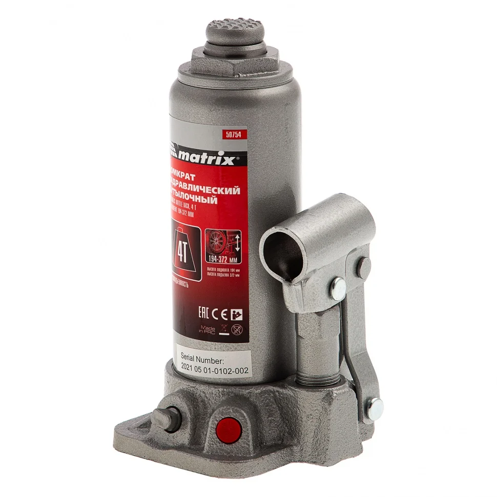Matrix Домкрат гидравлический бутылочный, 4 т, высота подъема 194-372 мм, в пластиковый кейсе 50754