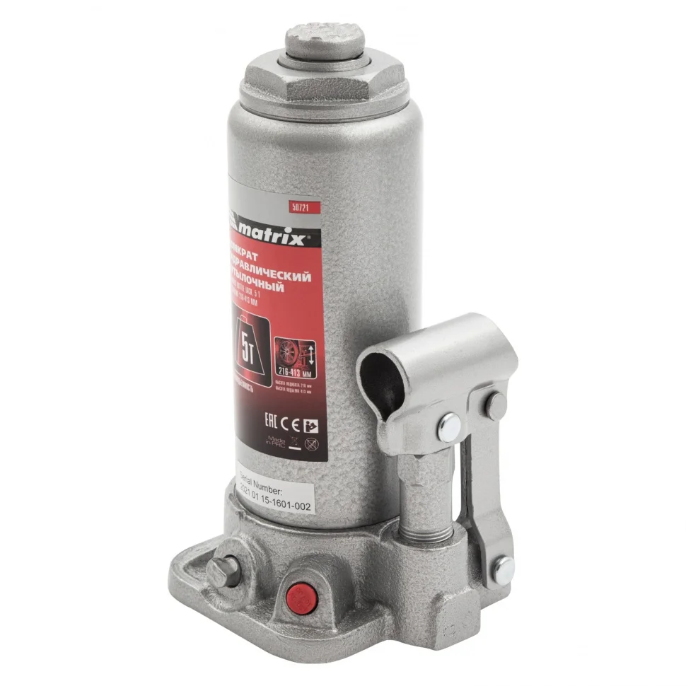 Matrix Домкрат гидравлический бутылочный, 5 т, высота подъема 216-413 мм 50721