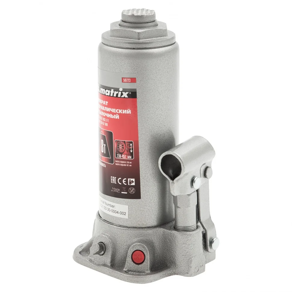Matrix Домкрат гидравлический бутылочный, 8 т, высота подъема 230-457 мм 50723