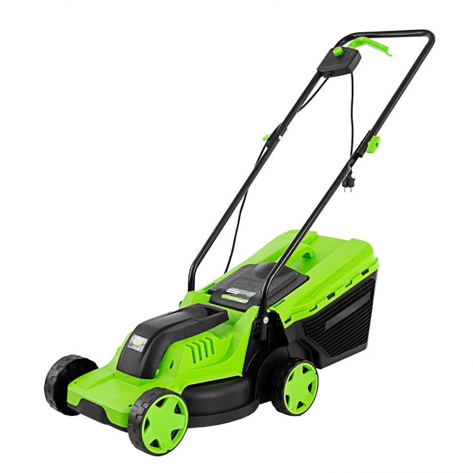 Сибртех Газонокосилка электрическая L1200, 1200 Вт, ширина 32 см, 3 уровня, пластиковый травосборник 30 л. 96607