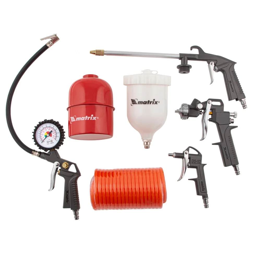 Matrix Набор пневмоинструмента, 5 предметов, быстросъемное соединение, краскораспылитель с верхним бачком 57304