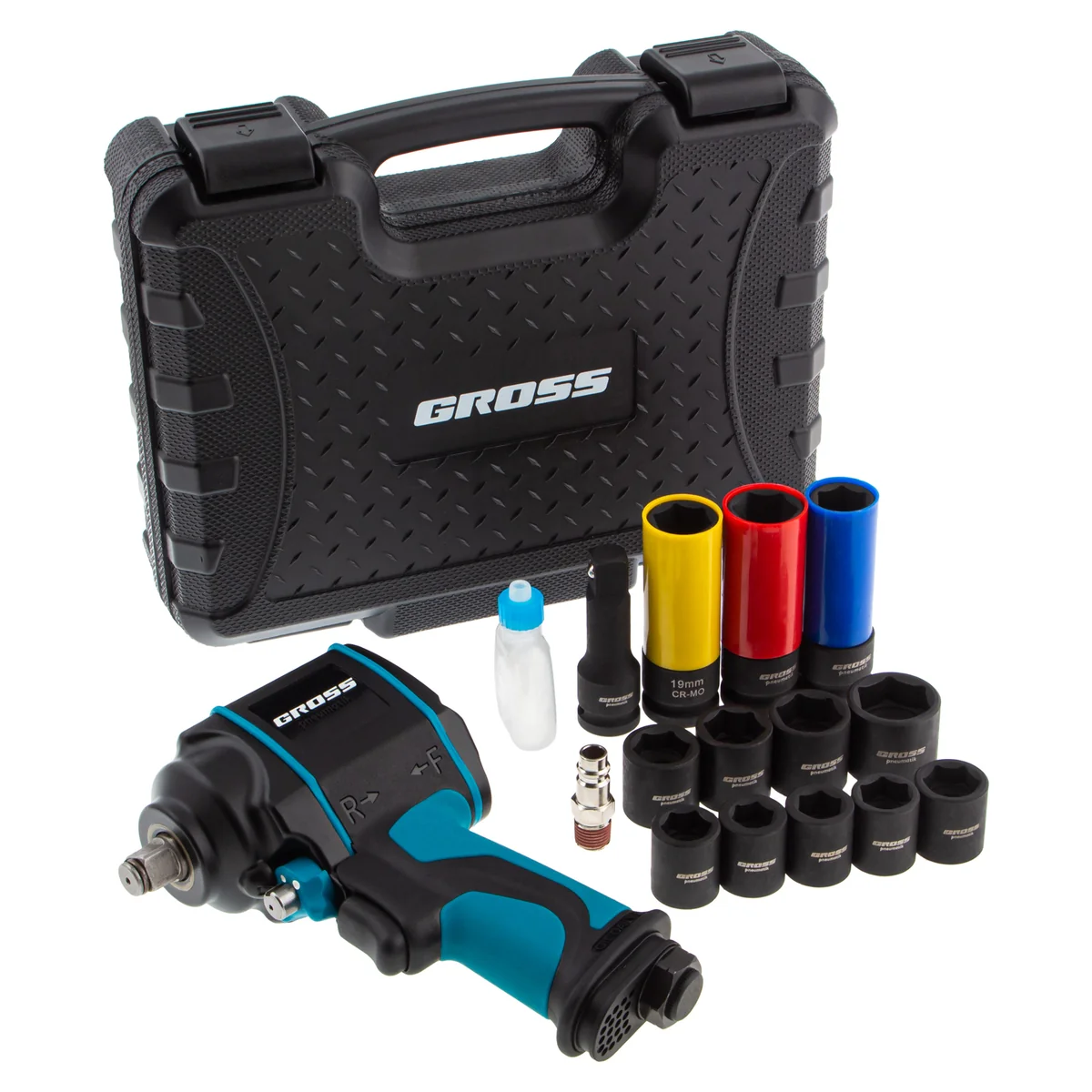 Gross Гайковерт пневматический ударный G985K2, 1/2, 610Нм 9000 об/мин, с набором 17 предметов 57445