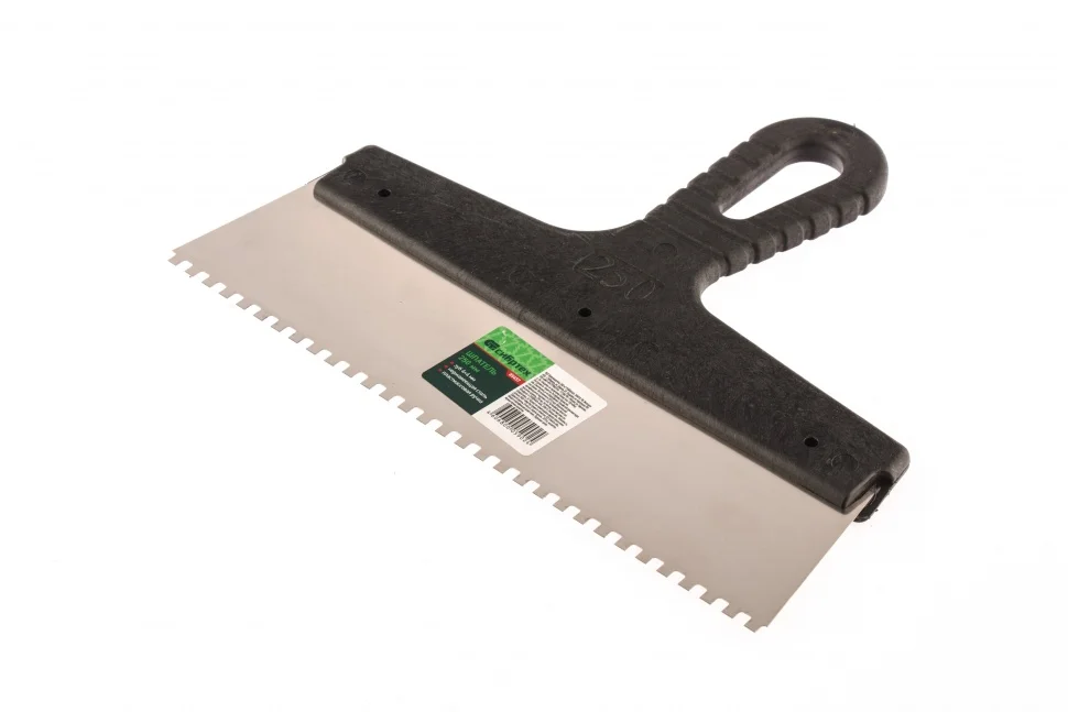 Сибртех Шпатель из нержавеющей стали, 250 мм, зуб 4 х 4 мм, пластмассовая ручка 85457