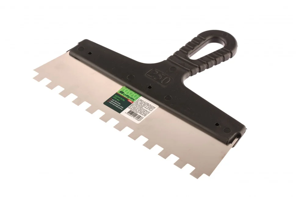 Сибртех Шпатель из нержавеющей стали, 250 мм, зуб 10 х 10 мм, пластмассовая ручка 85500