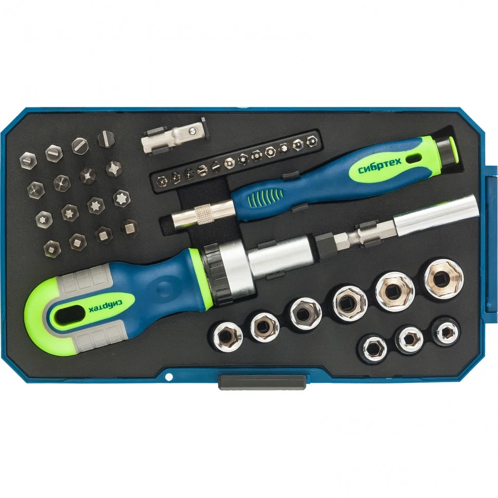 Сибртех Отвертки реверсивные с набором бит и торцевыми головками, 41 шт, CrV 13338