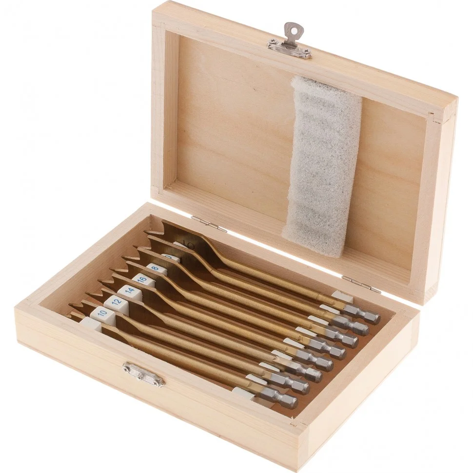 Matrix Набор сверл перовых по дереву, 10-12-14-16-18-20-22-25 мм, 8 шт, деревянный кейс 70441