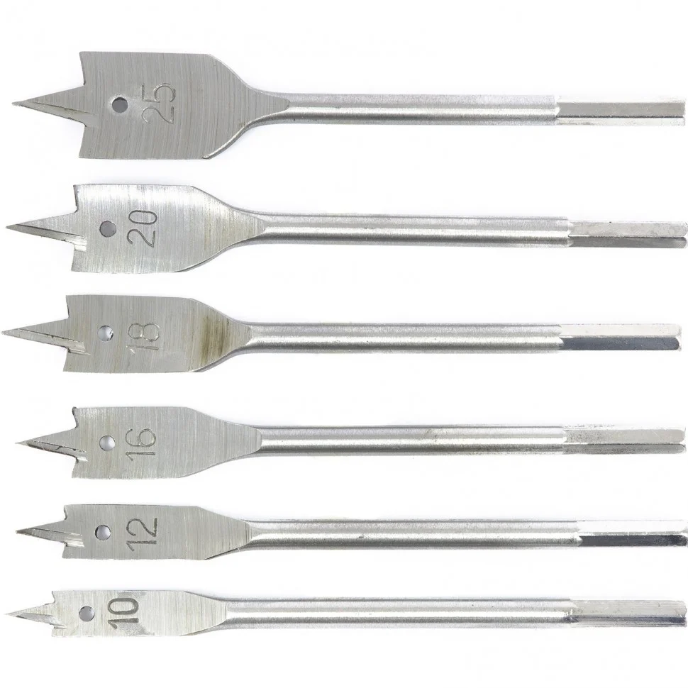 Сибртех Набор сверл перовых по дереву, 10-12-16-18-20-25 мм, 6 шт, шестигранный хвостовик 704155