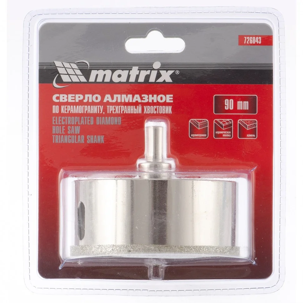 Matrix Сверло алмазное по керамограниту, 90 х 67 мм, трехгранный хвостовик 726843