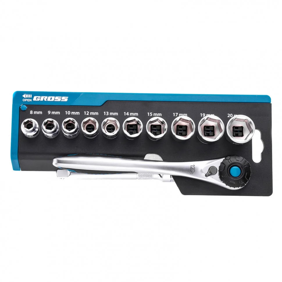 Gross Набор торцевых головок, трещотка 120 зубьев, 3/8", CrV, 12 предметов 14139