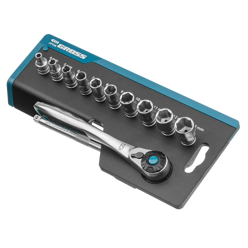 Gross Набор торцевых головок, трещотка 120 зубьев, 1/4", CrV, 12 предметов 14141