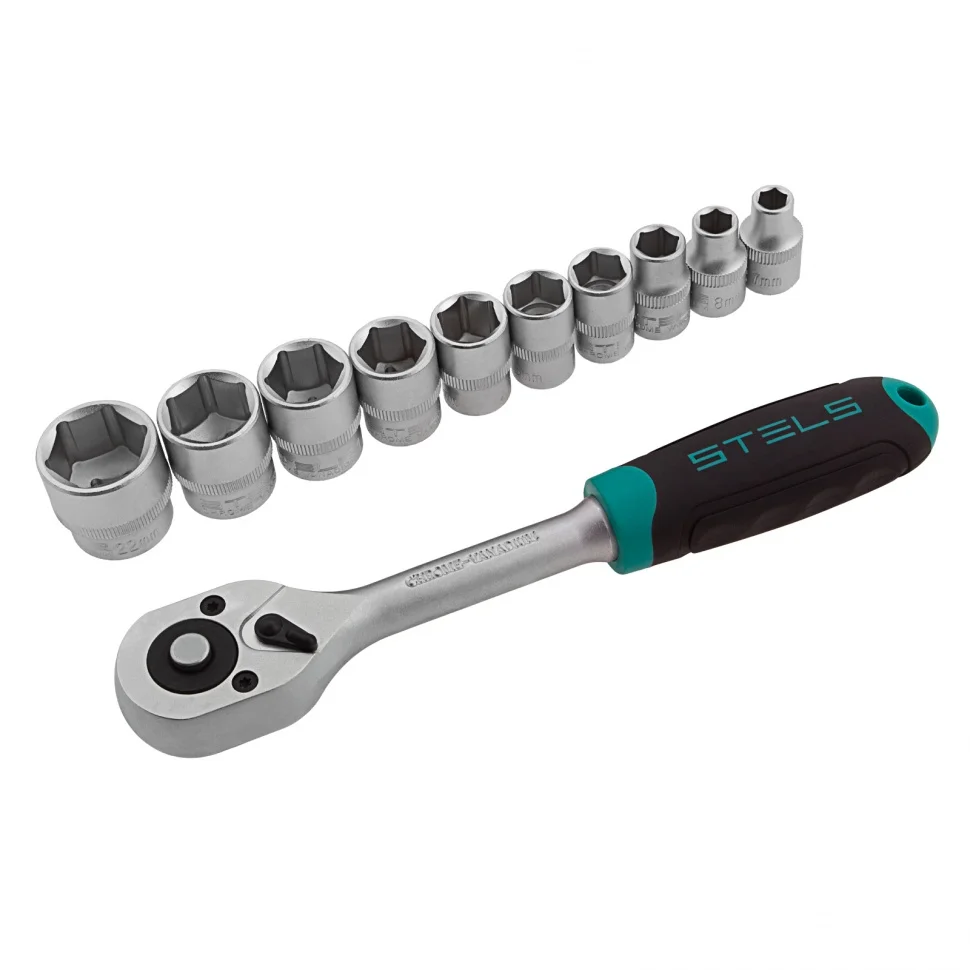 Stels Набор торцевых головок, 3/8", головки 7 - 22 мм, с трещот. ключом, CrV,11 предметов 14126