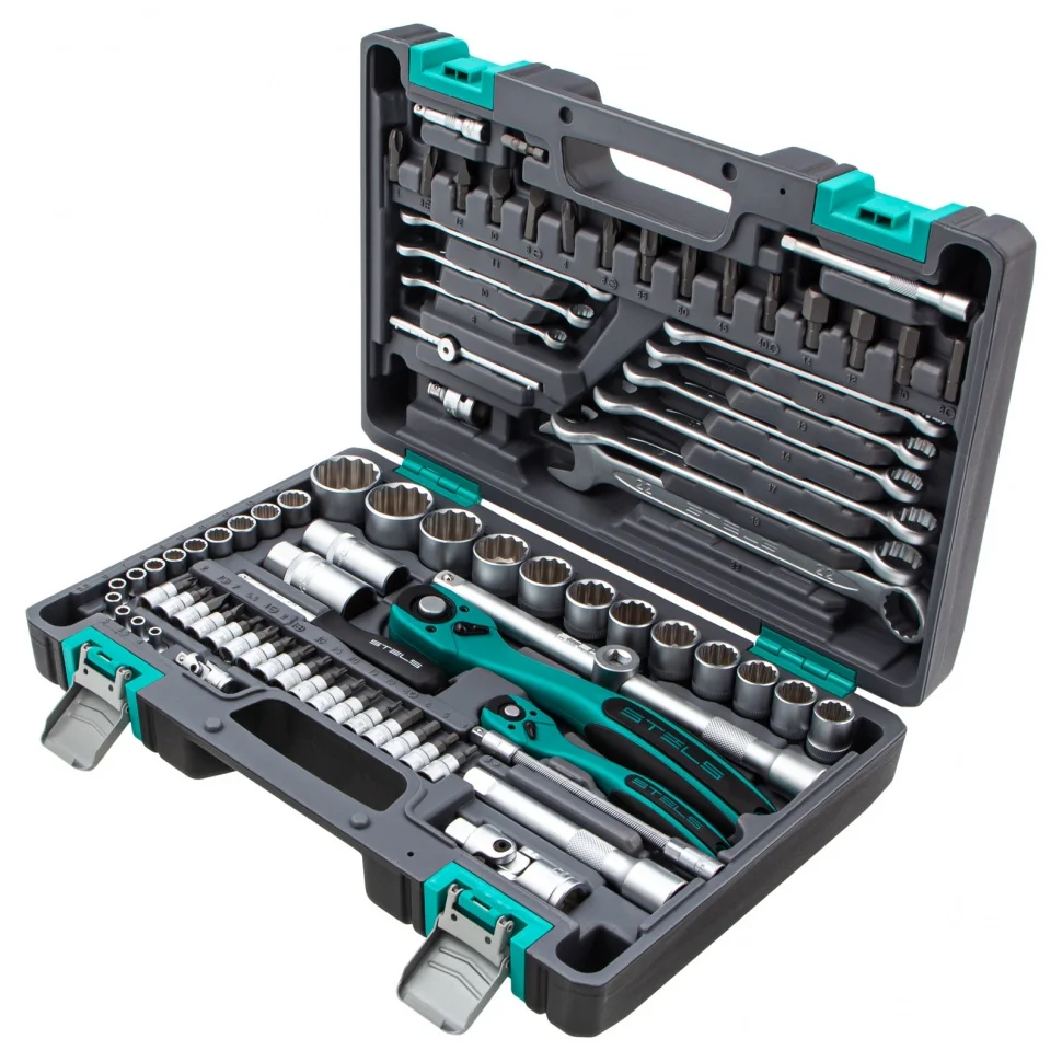 Stels Набор инструментов 1/2, 1/4, CrV, 12 гранные головки, пластиковый кейс, 82 предмета 14117