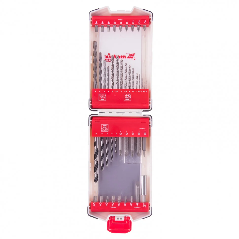 Matrix Набор сверл комбинированный, сверла по металлу 1-6 мм, бетону 4-8 мм, дереву 3-8 мм, биты 22 шт, адаптер, 44 предмета, Pro 725644