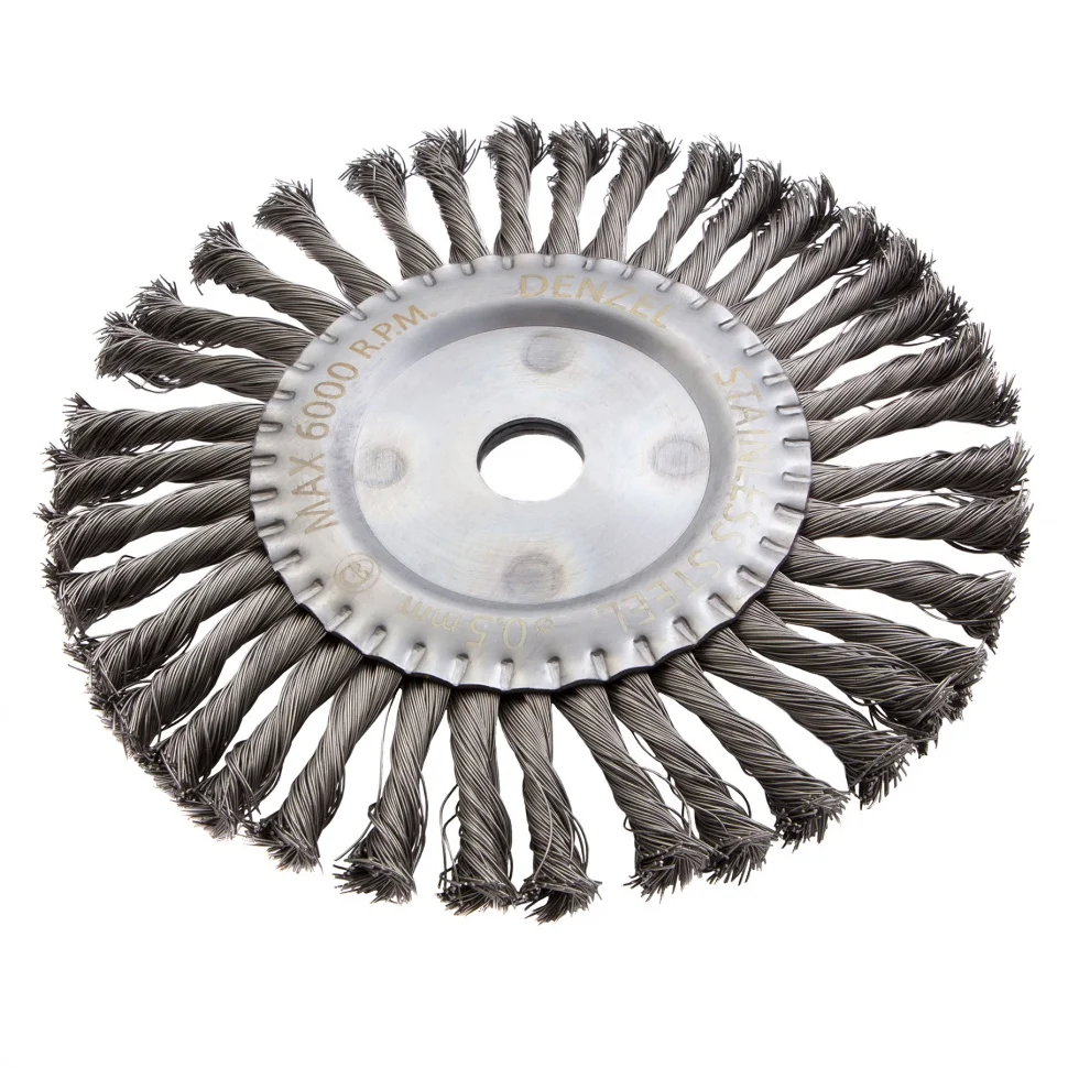 Denzel Щетка для УШМ, 200 мм, "Плоская", крученая нержавеющая проволока 0.5 мм, посадка 22.2 мм 746383