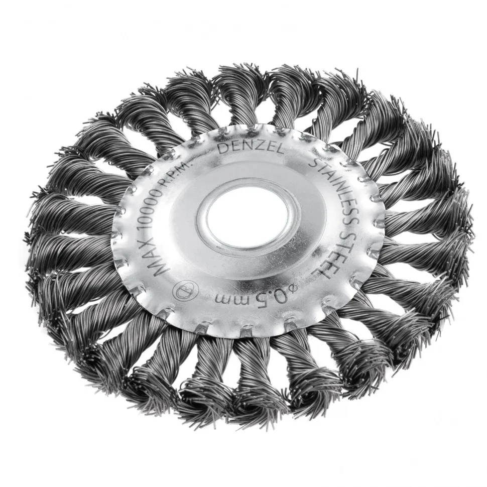 Denzel Щетка для УШМ, 125 мм, "Плоская", крученая нержавеющая проволока 0.5 мм, посадка 22.2 мм 746323