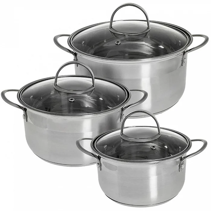 WEBBER Набор посуды 6 предметов: 3 кастрюли (1,9 л, 2,7 л, 3,7 л) из нержавеющей стали со стеклянными крышками BE-629/6