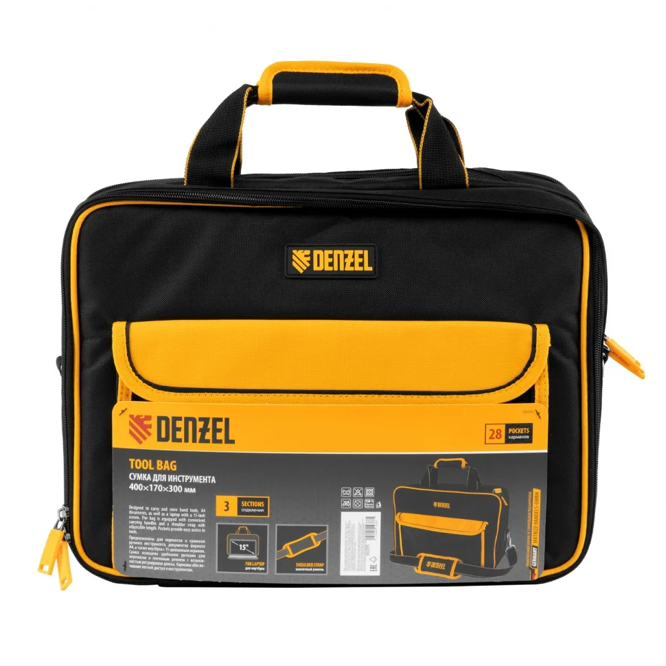 Denzel Сумка для инструмента, 400х170х300 мм, 3 отделения, 28 карманов, наплечный ремень 90295