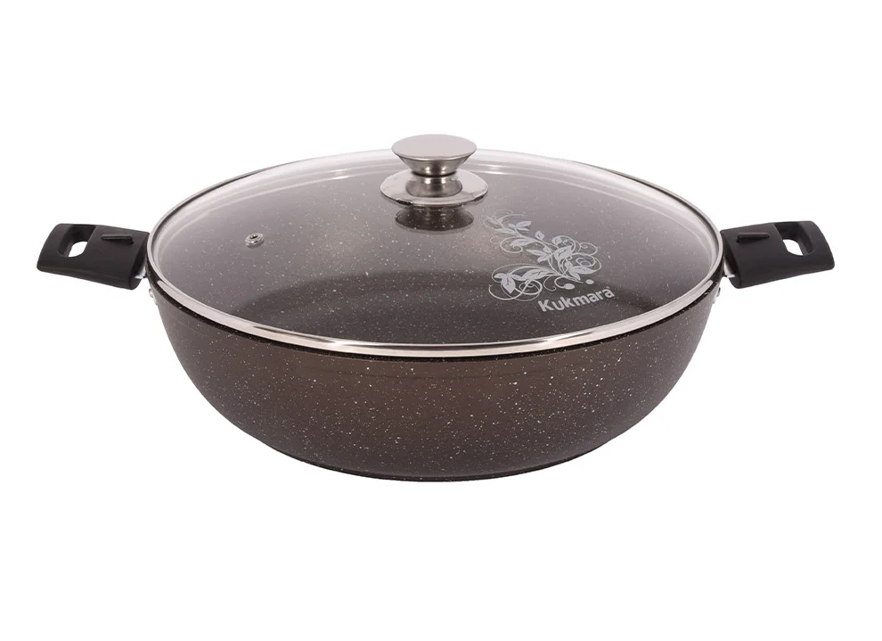 Кукмара Сотейник 30/8,5 см с антипригарным покрытием (кофейный мрамор) со съемными ручками, со стеклянной крышкой смк308а