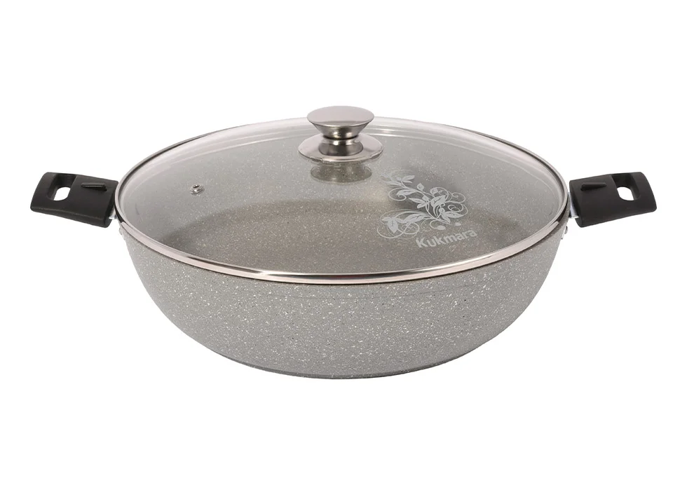 Кукмара Сотейник 30/8,5 см с антипригарным покрытием (светлый мрамор) со съемными ручками, со стеклянной крышкой смс308а
