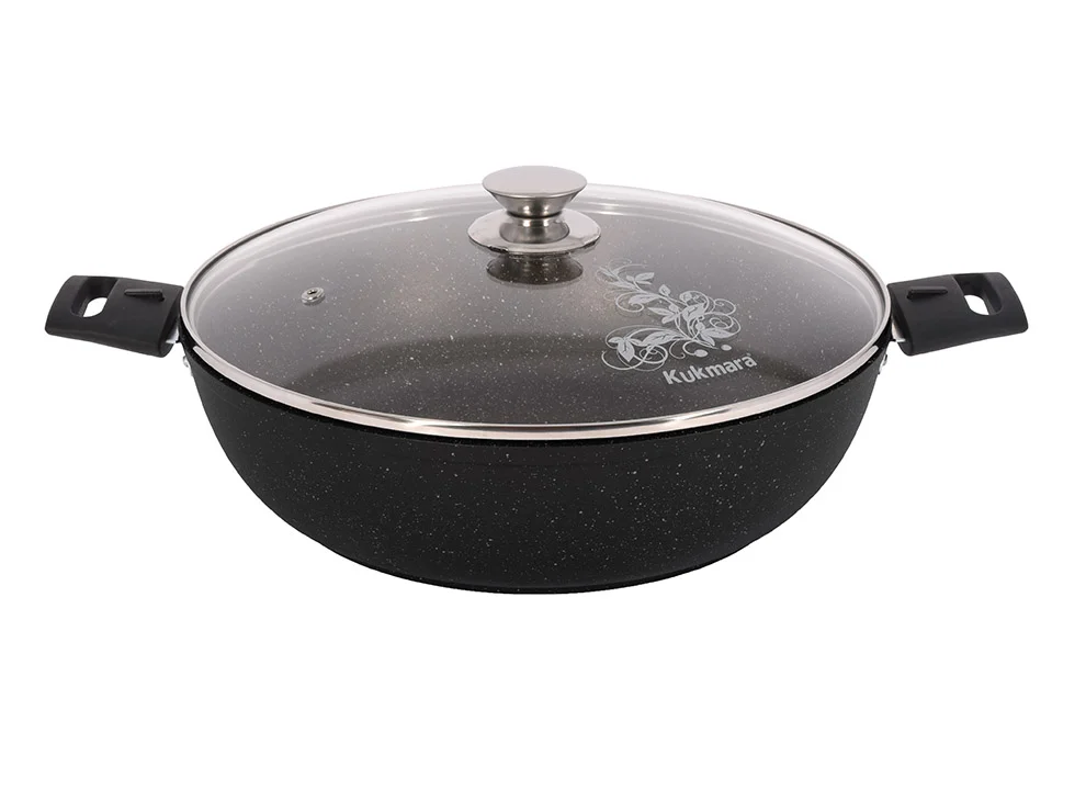 Кукмара Сотейник 30/8,5 см с антипригарным покрытием (темный мрамор) со съемными ручками, со стеклянной крышкой смт308а