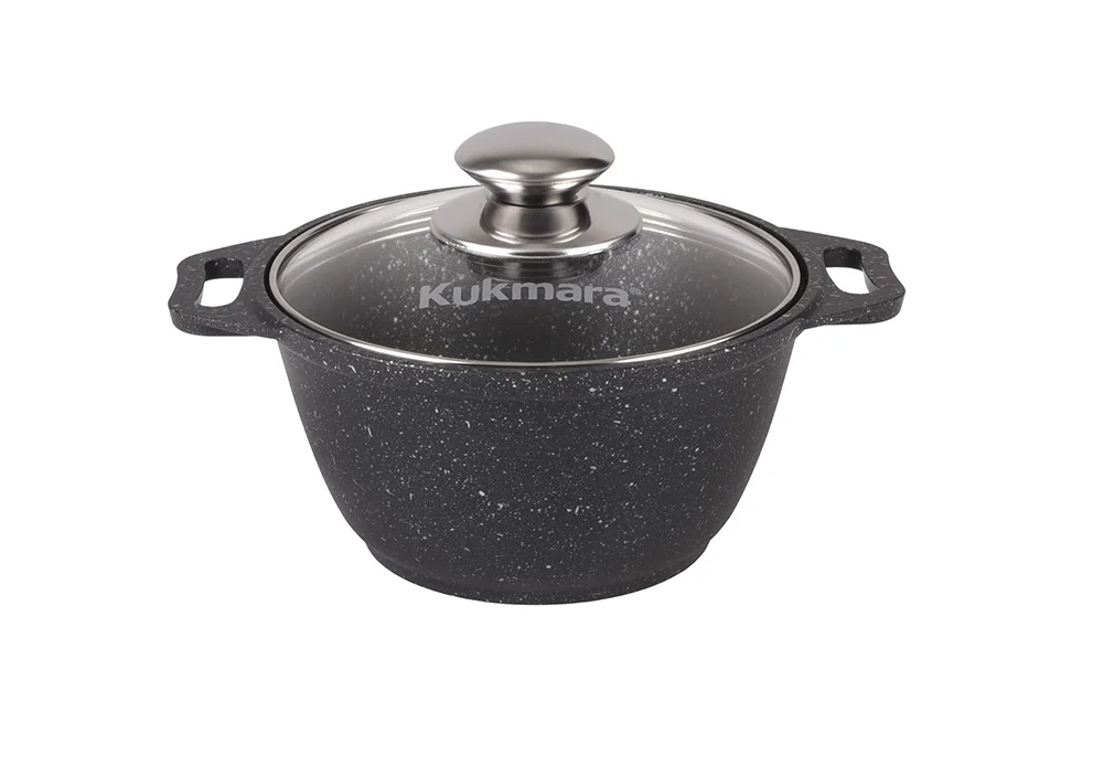 KUKMARA Кастрюля 1л с антипригарным покрытием (темный мрамор) со стеклянной крышкой кмт12а