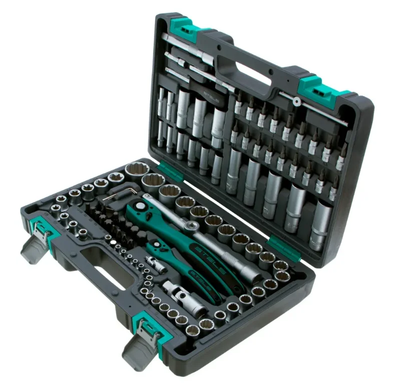 Stels Набор инструментов 1/2, 1/4, CrV, 12 гранные головки, пластиковый кейс, 109 предмета 14122