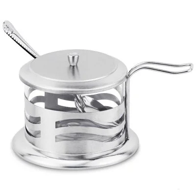 Mallony Сахарница с крышкой и ложечкой, DOLCE, объем 250 мл, стеклянная, в корпусе из нерж стали (волна) 005489-SK