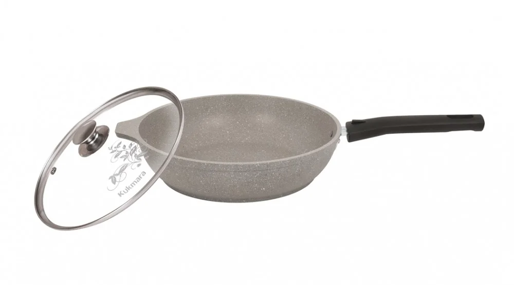 Кукмара Сковорода 26/6 см с антипригарным покрытием (светлый мрамор), со съемной ручкой и стеклянной крышкой смс26604а