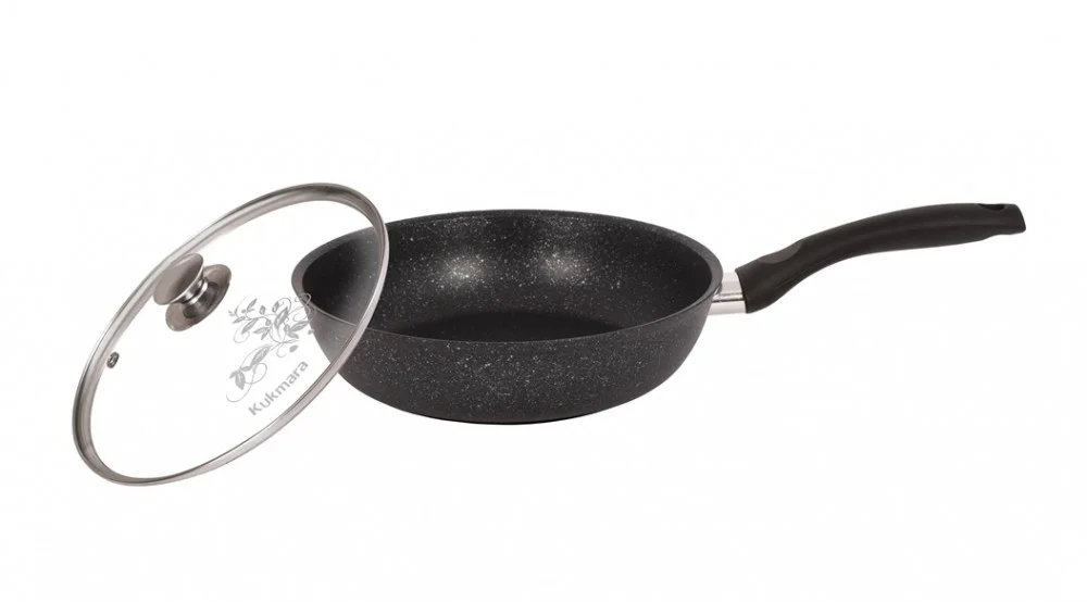 Кукмара Сковорода 26/6 см с антипригарным покрытием (темный мрамор) с ручкой и стеклянной крышкой смт26603а