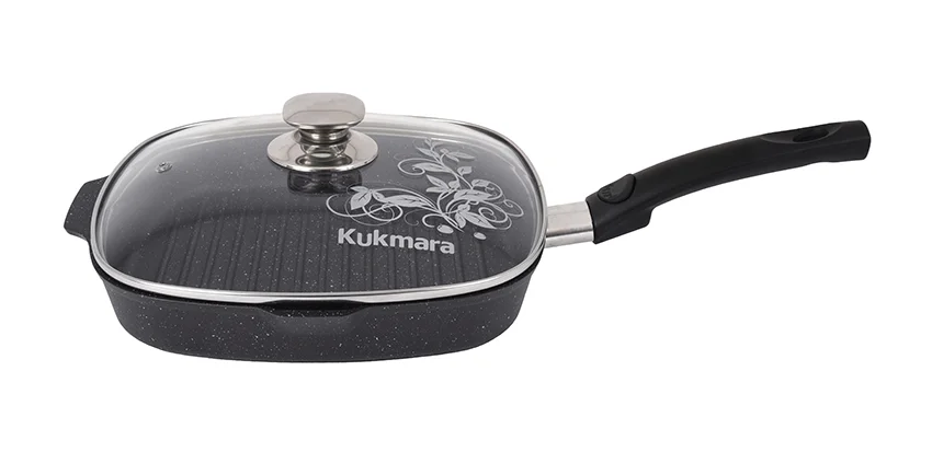 Кукмара Сковорода-гриль квадратная 26 x 26 см с антипригарным покрытием (темный мрамор) со съемной ручкой сгкмт262а