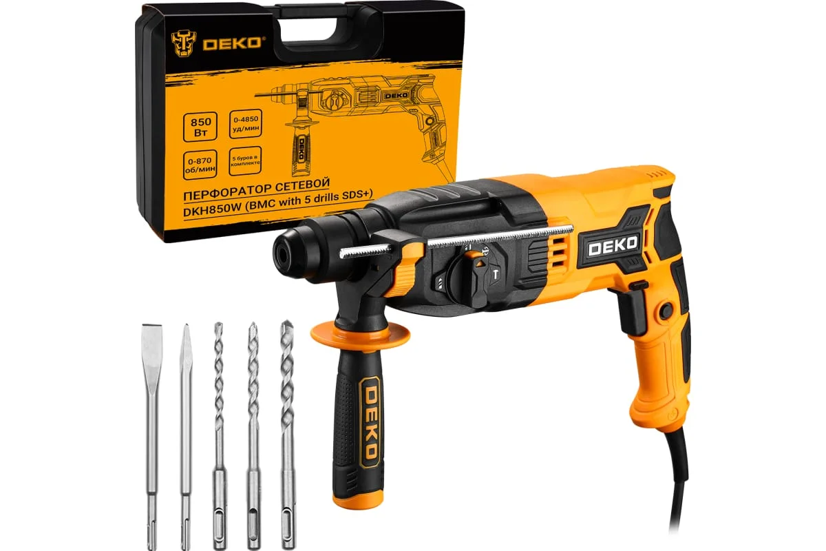 DEKO Перфоратор сетевой DKH850W в кейсе с набором из 5 буров SDS+, 850Вт 063-4111