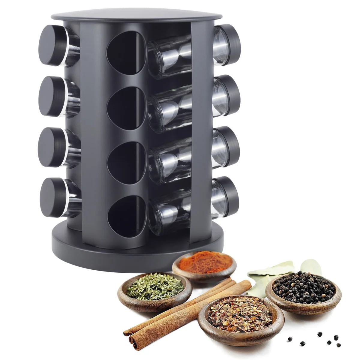Kamille Набор ёмкостей для специй 16 шт. КМ-7046 на круглой черной подставке из нержавеющей стали