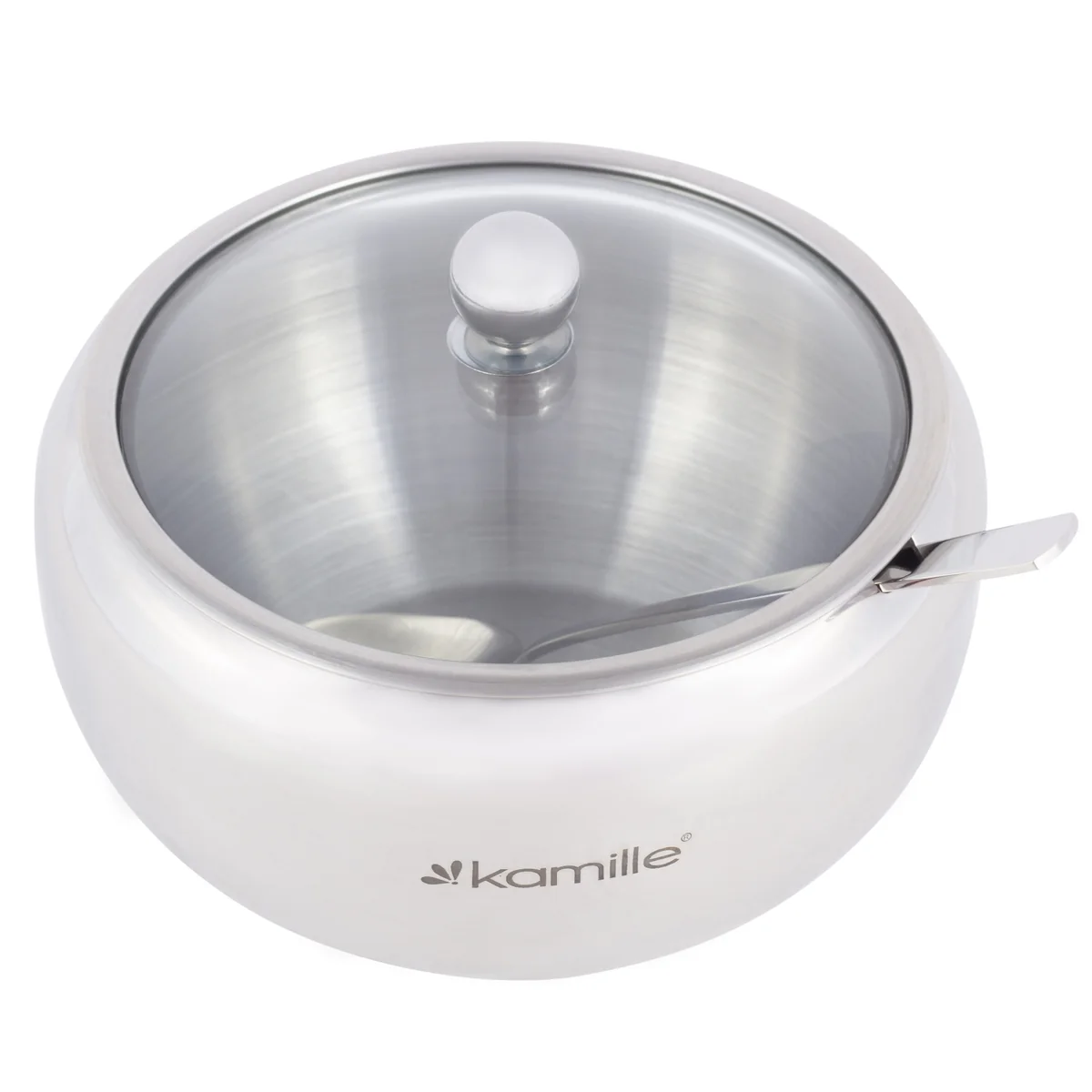 Kamille Сахарница 560 мл. из нержавеющей стали KM-7003 с ложечкой и стеклянной крышкой