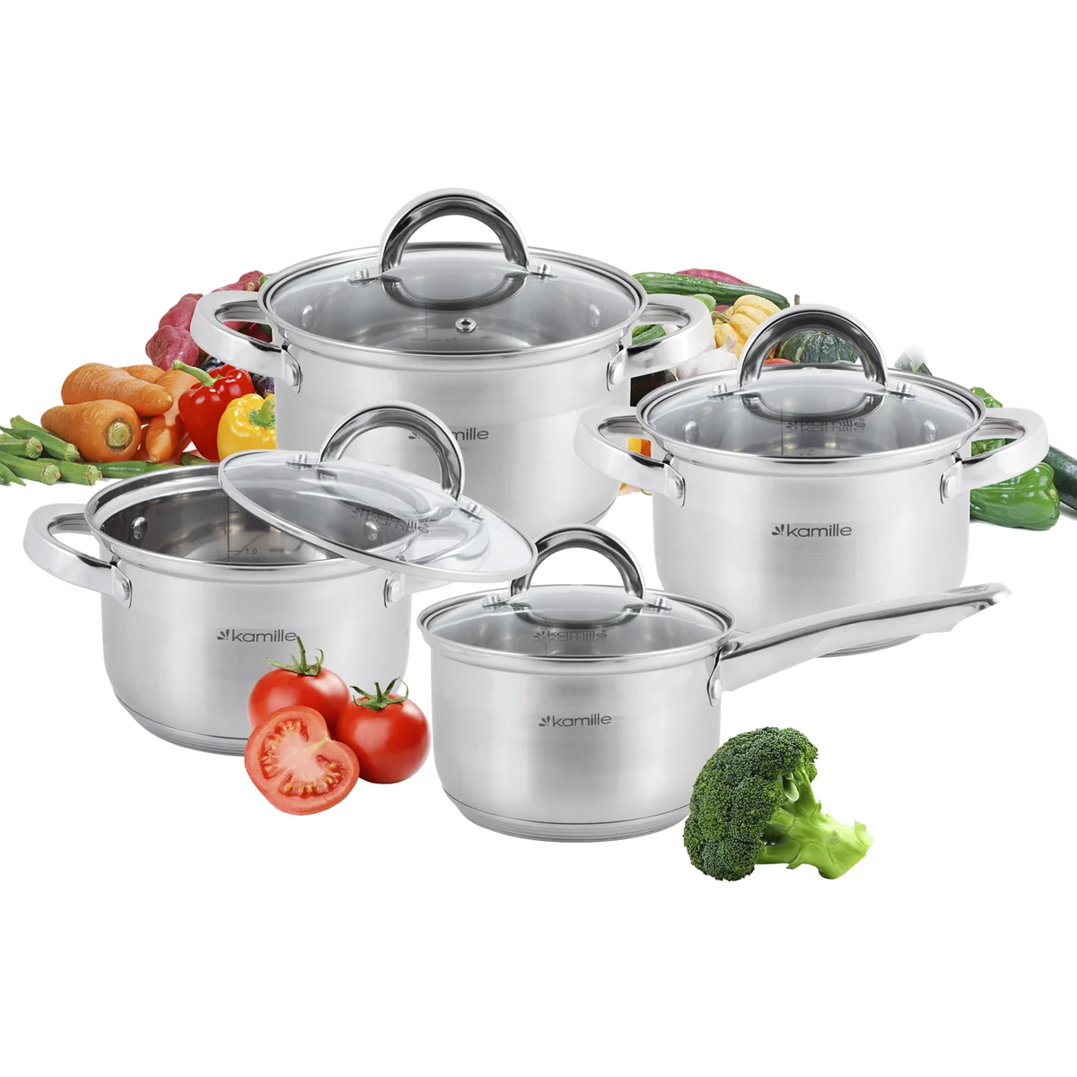 Kamille Набор посуды 8 предметов из нержавеющей стали КМ-5632S (ковш 1,8 л; кастрюли 2,5 л; 3,8 л; 5,8 л)