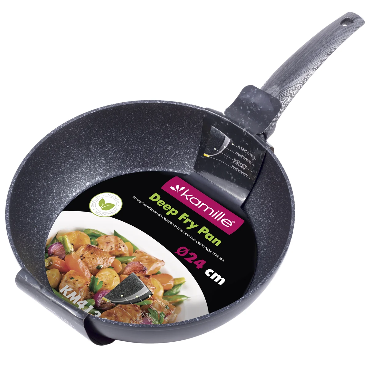 Kamille Сотейник 24 см. из кованного алюминия KM-4134 с антипригарным покрытием PTFE чёрный мрамор